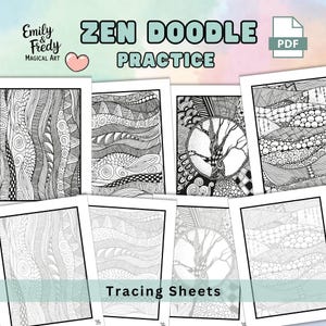 Könnte beinhalten: Eine Sammlung von schwarz-weißen Zen-Doodle-Übungsblättern. Die Blätter zeigen komplizierte Muster und Designs, darunter Wirbel, Linien und geometrische Formen. Der Text "ZEN DOODLE PRACTICE" und "Tracing Sheets" ist sichtbar. Das Bild enthält auch das Logo "Emily & Fredy Magical Art".