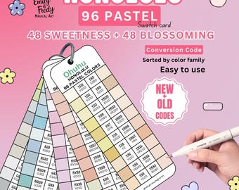 Puede incluir: Una tarjeta de muestras de colores pastel con la etiqueta "Honolulu" con 96 colores, incluyendo "48 Sweetness + 48 Blossoming". La tarjeta presenta un código de conversión, ordenado por familia de colores, y es fácil de usar. La tarjeta es sostenida por una mano con un marcador blanco.