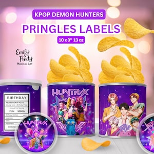 Etiquetas Pringles KPOP Demon Hunters para impressão – lembrancinhas de aniversário Kpop, embalagens digitais para latas de chips, decoração para festa de anime, embalagens de 10x3&quot; + tampas