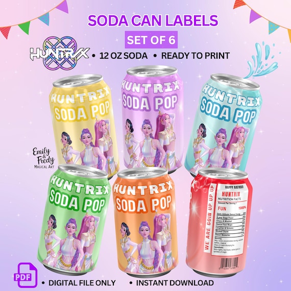 Kpop Demon Hunters Soda Can Labels, Huntrix Birthday Party Decor