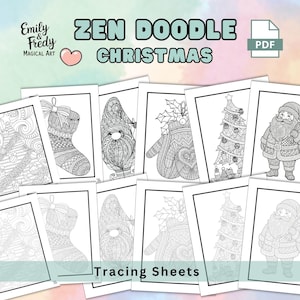 May include: A collection of black and white Zen Doodle Christmas tracing sheets. The sheets feature detailed illustrations of Christmas stockings, gnomes, mittens, Christmas trees, and Santa Claus. The text "Zen Doodle Christmas" and "Tracing Sheets" are visible.