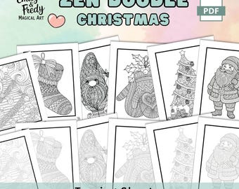 Arkusze świąteczne Zen Doodle + strony do kalkowania | Do druku w formacie PDF | Ćwiczenia artystyczne w stylu Zentangle
