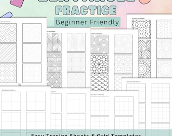 May include: A collection of Zentangle practice sheets and grid templates. The sheets feature various geometric patterns and designs, perfect for beginner-level artists. The text on the image reads "Zentangle Practice Beginner Friendly" and "Easy Tracing Sheets & Grid Templates."