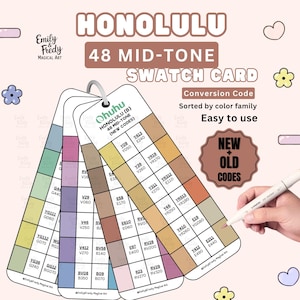 May include: A swatch card set labeled "Honolulu 48 Mid-Tone" with color samples. The card includes the text "Conversion Code" and "New + Old Codes". A hand holds a marker, and the card is sorted by color family.