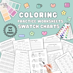 May include: A collection of coloring practice worksheets and swatch charts. The text on the image reads "COLORING PRACTICE WORKSHEETS SWATCH CHARTS". The worksheets include blending exercises, color swatches, and pattern and texture practice. The image also includes color palettes and cute illustrations.