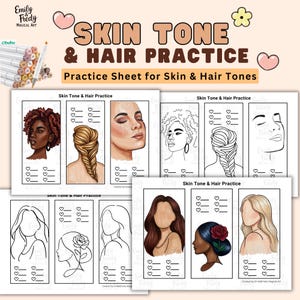Puede incluir: Hojas de práctica para la práctica del tono de piel y el cabello. Las hojas presentan ilustraciones de rostros y peinados, con espacios para la combinación de colores. El texto "SKIN TONE & HAIR PRACTICE" se muestra en la parte superior.
