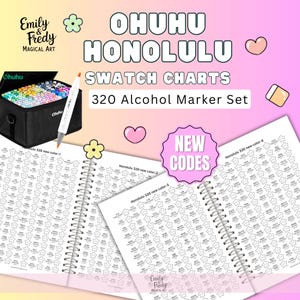 Peut inclure: Présentation des nuanciers Ohuhu Honolulu pour un ensemble de 320 marqueurs à alcool. L'image montre un étui noir, un marqueur blanc et des carnets de nuanciers ouverts avec des étoiles. Le texte indique "NEW CODES".