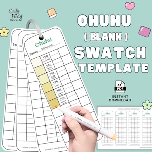 May include: A digital Ohuhu blank swatch template with a white marker. The template includes a series of colour swatches with names like Lemon Mist and Pastel Yellow. The design features the text "OHUHU (BLANK) SWATCH TEMPLATE" and "INSTANT DOWNLOAD".