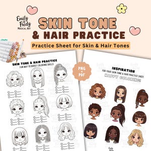 Pode incluir: Uma folha de exercícios imprimível para tom de pele e cabelo, com ilustrações de vários penteados e tons de pele. A folha inclui o texto "Skin Tone & Hair Practice". Inclui um conjunto de marcadores.