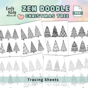 Pode incluir: Folhas de rastreamento em preto e branco com vários desenhos de árvores de Natal. As folhas incluem o texto "ZEN DOODLE CHRISTMAS TREE" e "Tracing Sheets". A imagem também inclui o logotipo "Emily & Fredy MAGICAL ART".