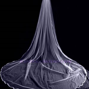 Wedding CATHEDRAL VEIL on comb with sheer ribbon on the edge and PEARLS on the train of the veil for wedding gown . Ivory, soft white, white