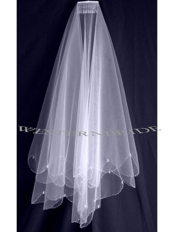 Bridal Veil White 2 Tiers Fingertip Length Scallop Edge In Beads And Clear Drop