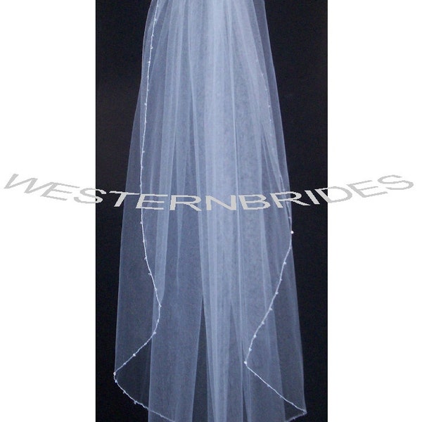 CRYSTAL BEADS on the edge  One tier Elegant Wedding Bridal veil. White or Ivory , Elbow, fingertip, knee length available.