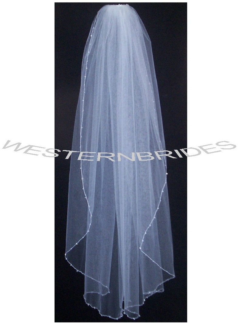 Crystal beads on edge One tier Elegant Wedding Bridal veil. White or Ivory , your choice. fingertip lenght with silver comb ready to wear image 1