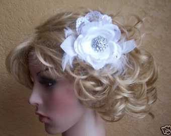 Hair Headpiece on Comb  White or ivory  or champagne color Bridal  Wedding Lace Rose with crystals and feathers  fascinator.