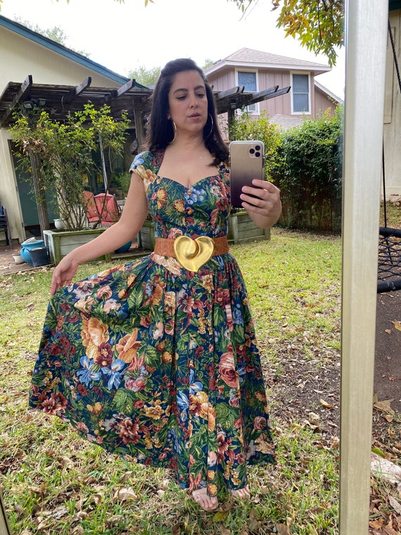 Vintage 80s Floral Keyhole Flared cotton Midi dres