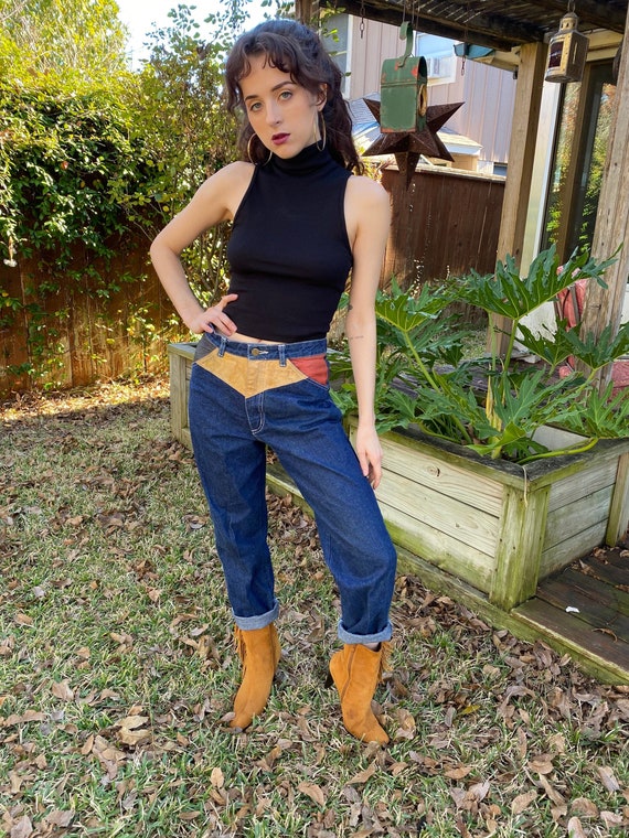 Vintage 80s Denim Leather High waist Patchwork Bag