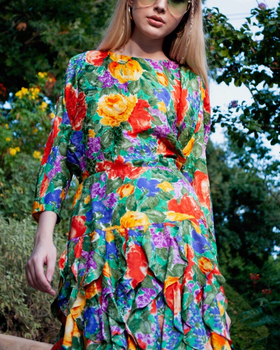 Vintage 80s Silk Floral Ruffle Party Mini dress X… - image 5