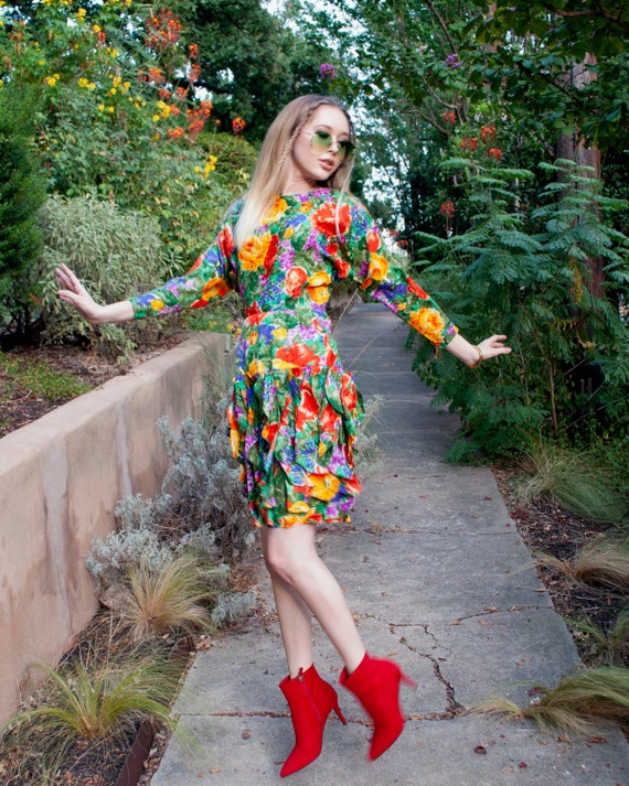 Vintage 80s Silk Floral Ruffle Party Mini dress XS