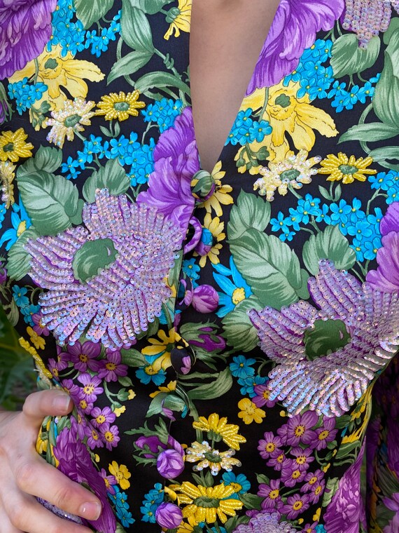 Vintage 80s Fe Zandi designer Silk Floral Sequin … - image 8