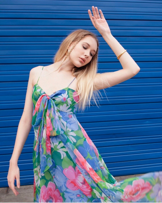 Vintage 60s Chiffon Floral Empire Maxi dress XS S