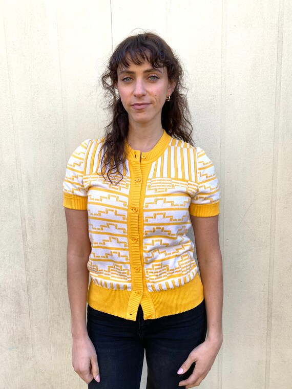 Vintage 70s Courreges Knit Yellow white  Cardigan… - image 2