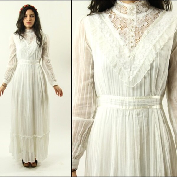 Vintage 70's Gunne Sax- wedding- bridal- hippie- boho- floral- lace- ribbon- cotton gauze- tiered- maxi dress