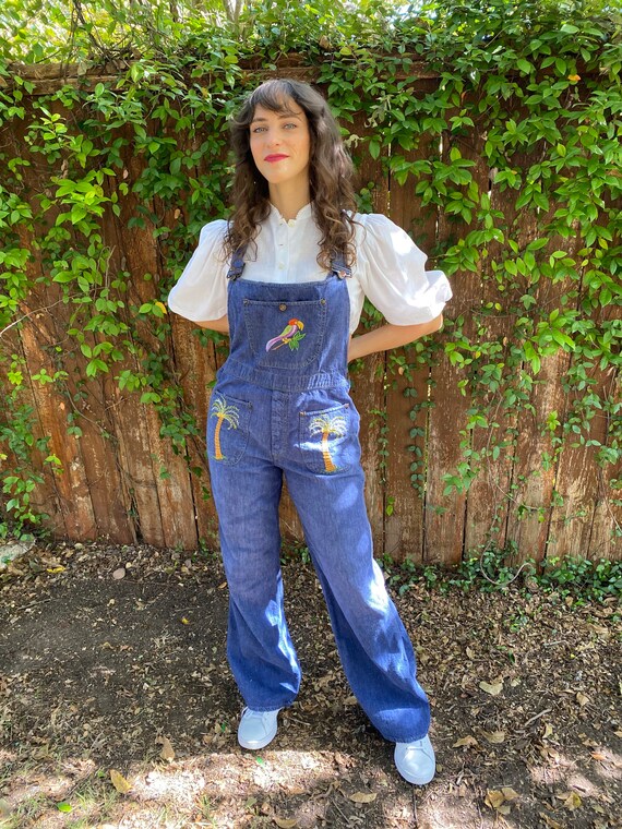 Vintage 70s Denim Embroidered Boho Jumpsuit Overal