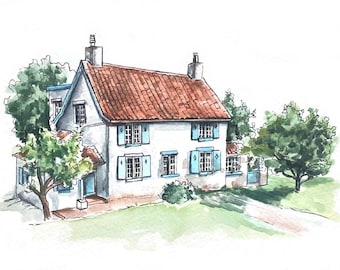 House and garden portrait, hand painted in watercolor. House painting from photo, housewarming gift, souvenir