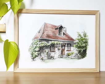 Portrait de maison et jardin, réalisé à la main. Illustration en aquarelle, cadeau personnalisé. Peinture maison sur mesure d’après photo.