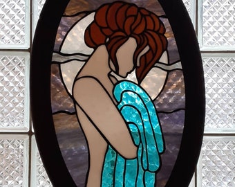 Stained Glass Girl with Towel Suncatcher Panel