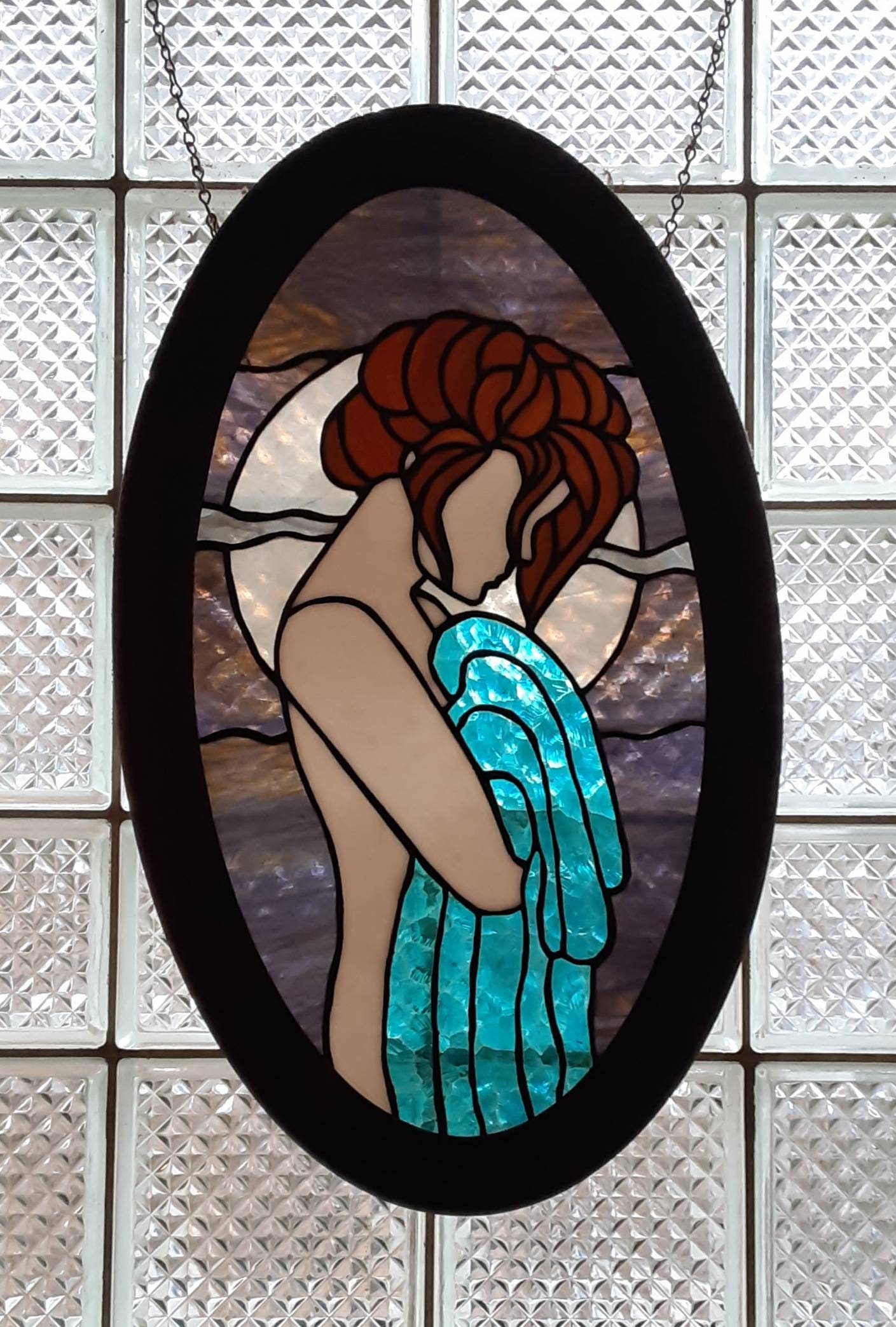 Stained Glass Girl with Towel Suncatcher Panel