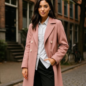 Handmade Pink Long Wool Coat for Women Maxi Trench Coat | Warm Tailored Double Breasted Overcoat | Winter Gift for Her, Wife, Mother