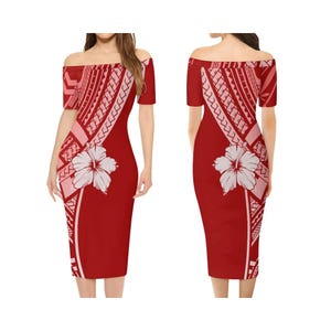 Summer Ladies Off-Shoulder Short Sleeve Long Dress Hawaii Party Fashion Sheath Dress Polynesian Tribal Design Pattern