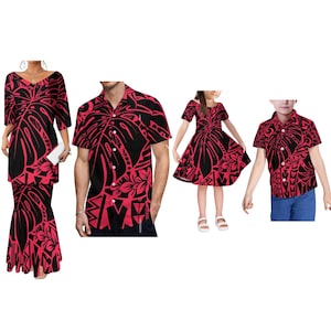 2025 Samoa Tribal polynesischen Druck 4er Set Langes Kleid Spiel Shirt Benutzerdefinierte Familie Set Kleidung Paar Sommer Kleidung