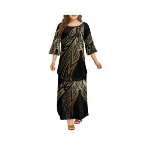 Polynesian Tribal Maxi Kleid Frauen Top und Rock 2 Stück Outfits Sets Benutzerdefinierte Ausgestellte Glocke Ärmel Puletasi Samoa Set
