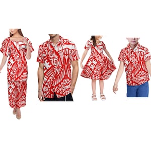 1MOQ Benutzerdefinierte Tribal Frauen Halbe Hülse Puletasi polynesische Kleid Spiel Aloha Männer Shirts Eltern-Kind-Outfit Vier Stück Set