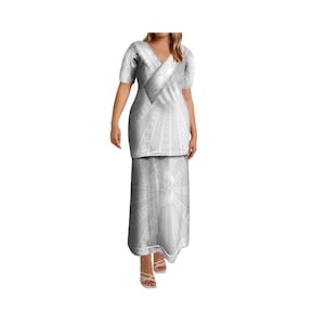 New Style Custom Weiß Polynesischen Tribal V-Ausschnitt Puletasi Samoa Frauen 2-teiliges Kleid Plus Größe Damenbekleidung