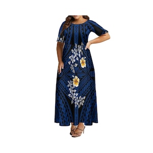 Lässige Langes Kleid Frauen Benutzerdefinierte polynesische Kleidung Neues Design Island Style Hohe Taille Rundhalsausschnitt Halbarm Maxi Damenkleid