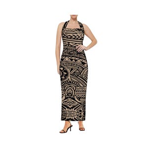 New Design Custom Sleeveless Halter Neckband Bodycon Dress Polynesian Tribal Print  Plus Size Women Long Evening Dress
