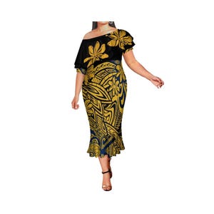 Samoa Island Art Fashion Double Ruffle Mermaid Dress Tongan Polynesian Off Shoulder Fishtail Dress Customize Luxury Design