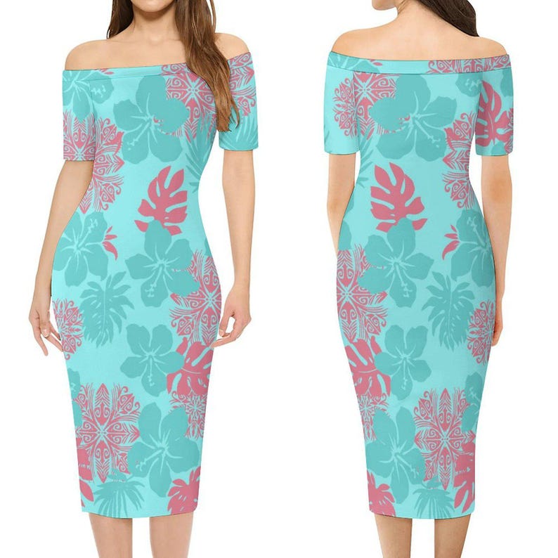 Hawaii Polynesian Fish Hook Hibiscus Women Off Shoulder Dress - LT12