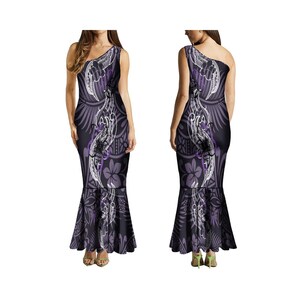 Free Shipping Custom Fishtail Hawaii Dress Oblique Shoulder Sleeveless Casual Dress Polynesian Design Party Evening Dress