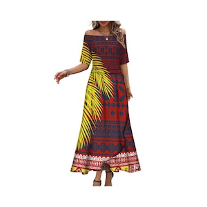 Heißer Verkauf weg von der Schulter Langes Maxikleid Angepasste Samoan Polynesian Tribal Damen Island Halbarm Sommerkleid