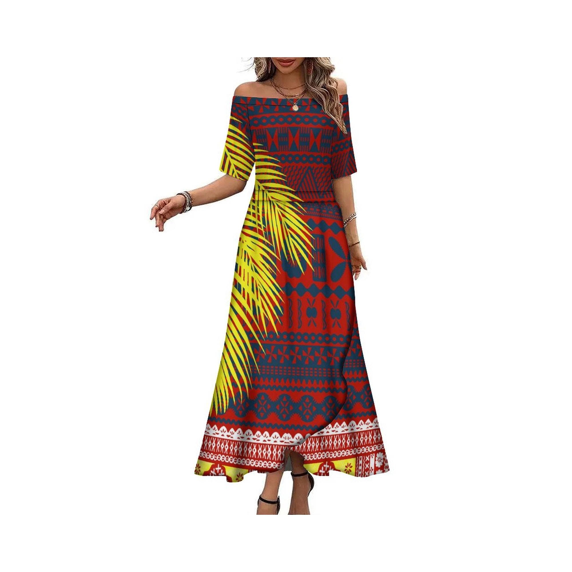 Hot Selling Off The Shoulder Long Maxi Dress Customized Samoan Polynesian Tribal Ladies Island Half Sleeve Summer Dress