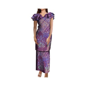 Benutzerdefinierte polynesische Tribal Print Geschichtete Rüschen V-Ausschnitt Samoan Puletasi Samoa Frauen Zweiteiler Große Größe Frauen Kleid