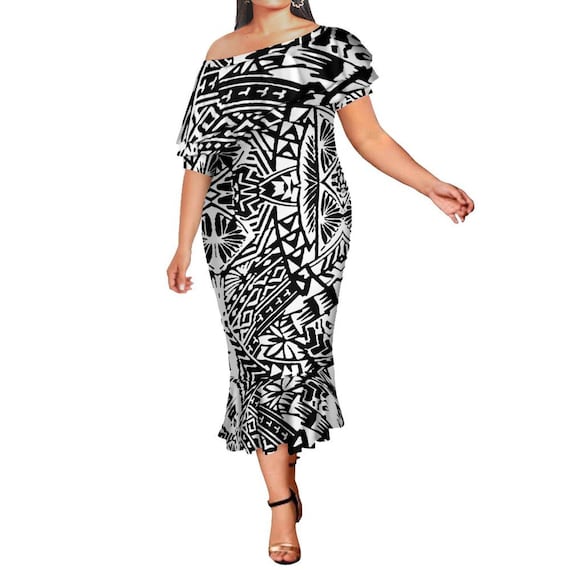 samoan mermaid dress Polynesian Print Two-toned Mermaid Gown