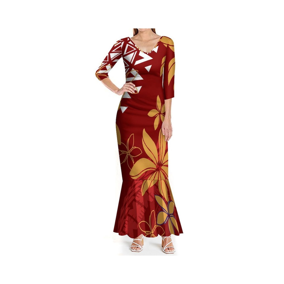 Women's One-Shoulder Mermaid Dress - Polynesian Tribal Print, Floor-Length, Flared Sleeves, Air Layer Fabric