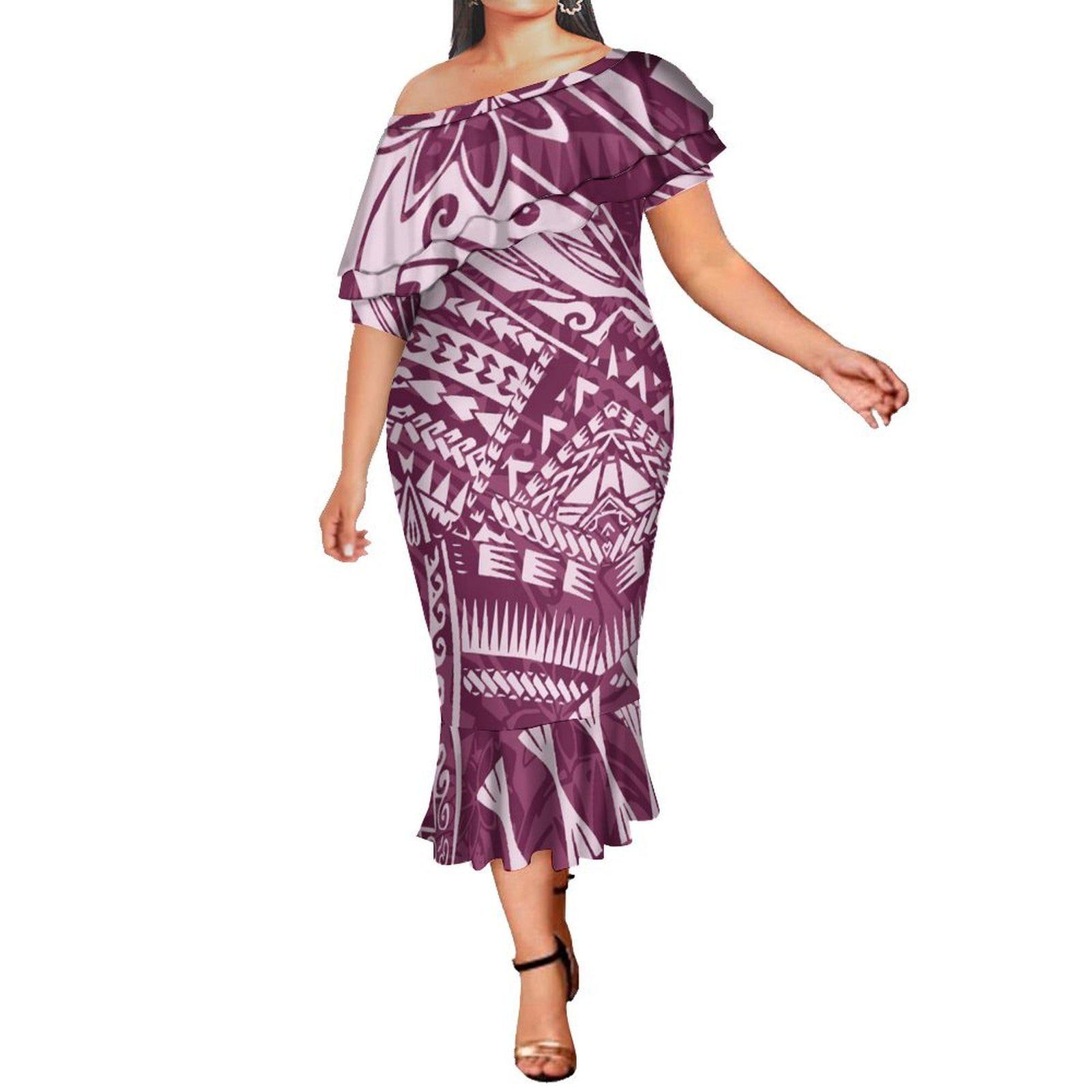 chinese dress ladies Hafa Adai Guam Mermaid Dress Polynesian Floral Blue Pattern LT01