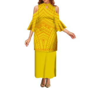 Polynesische Insel Polynesian Hawaii Tribal Hals und ärmellose Puletasi Gute Qualität Big Leute Top Rock Zweiteiler Set